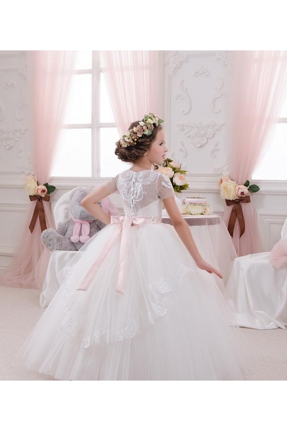 Site de Comprimento Chão Sem Mangas Tule & Renda Marfim Vestido de Baile Sem Mangas Amor Vestidos para Meninas de Flores