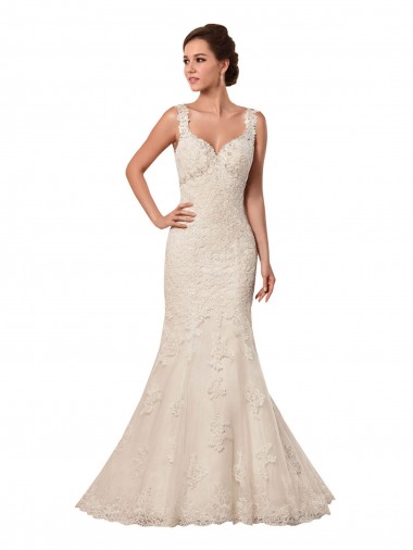 Site de Comboio Capela Sem Mangas Tule & Renda Marfim Sereia Sem Mangas Longo Amor Vestidos de Noiva