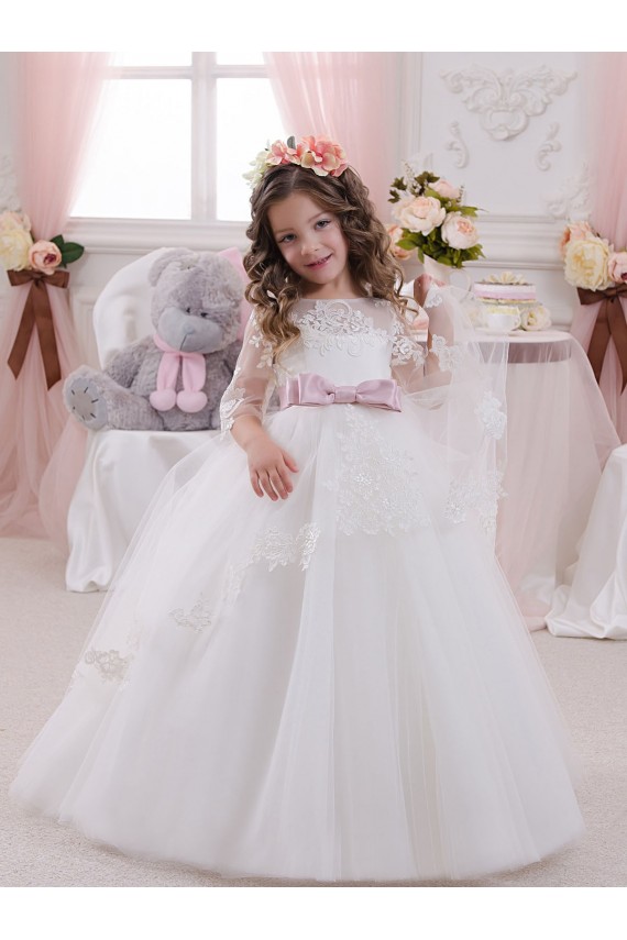 Site de Comboio Capela Sem Mangas Tule & Renda Marfim Vestido de Baile Sem Mangas Barco Vestidos para Meninas de Flores