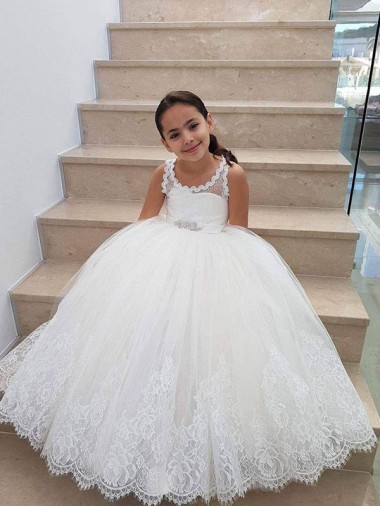 Site de Comprimento Chão Sem Mangas Tule & Renda Marfim Vestido de Baile Vestidos para Meninas de Flores