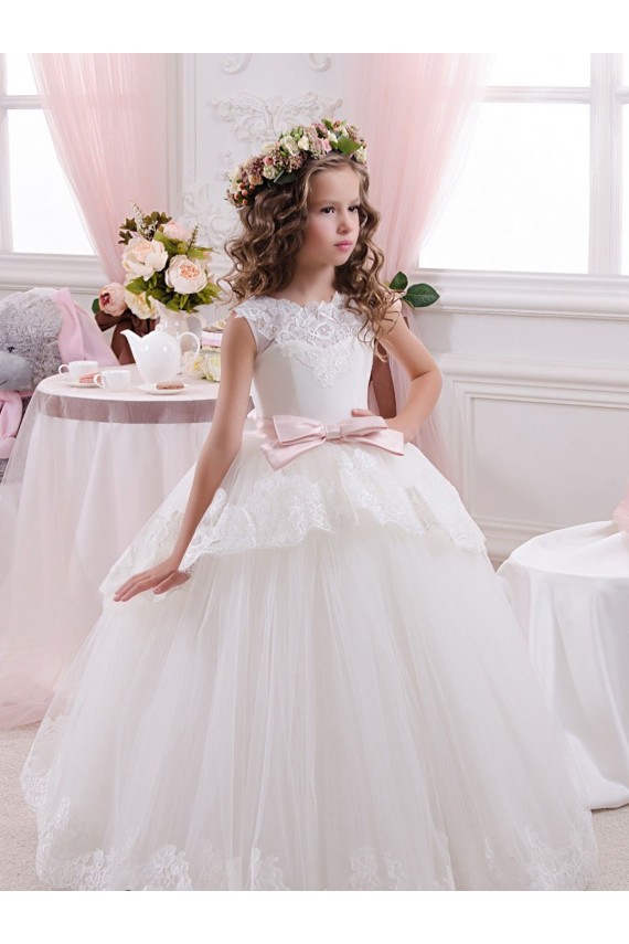 Site de Comboio Capela Sem Mangas Tule & Renda Marfim Vestido de Baile Sem Mangas Amor Vestidos para Meninas de Flores