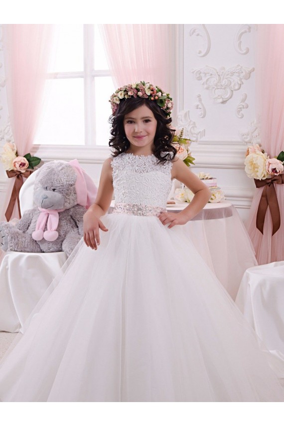 Site de Comboio Capela Sem Mangas Tule & Renda Marfim Vestido de Baile Sem Mangas Barco Longo Vestidos para Meninas de Flores