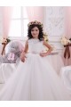 Site de Comboio Capela Sem Mangas Tule & Renda Marfim Vestido de Baile Sem Mangas Barco Longo Vestidos para Meninas de Flores