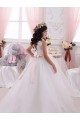 Site de Comboio Capela Sem Mangas Tule & Renda Marfim Vestido de Baile Sem Mangas Barco Longo Vestidos para Meninas de Flores