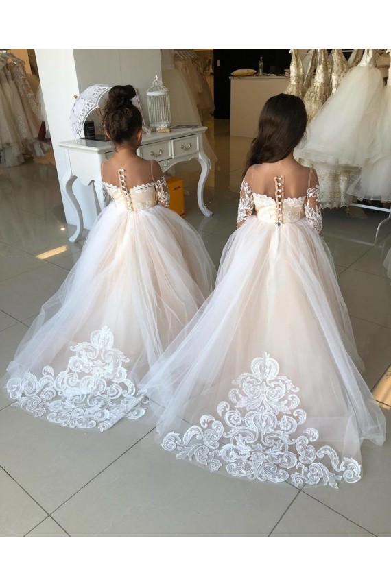 Site de Comboio Capela Mangas Compridas Tule & Renda Marfim Vestido de Baile Vestidos para Meninas de Flores