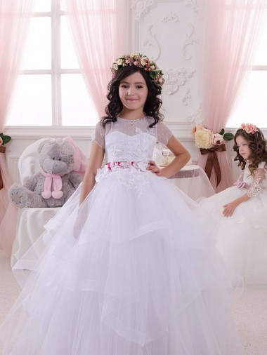 Site de Comprimento Chão Mangas Curtas Tule & Renda Marfim Vestido de Baile Mangas Curtas Amor Vestidos para Meninas de Flores
