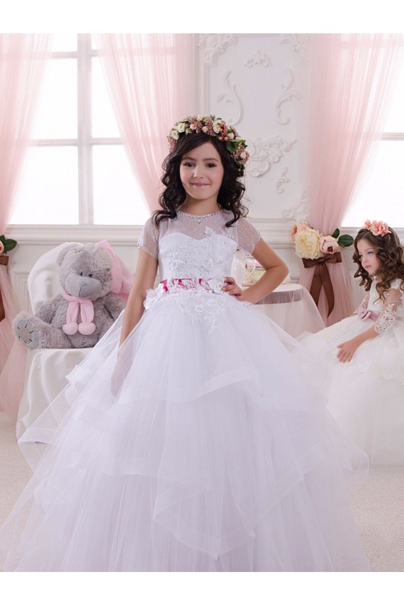 Site de Comprimento Chão Mangas Curtas Tule & Renda Marfim Vestido de Baile Mangas Curtas Amor Vestidos para Meninas de Flores