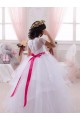 Site de Comprimento Chão Mangas Curtas Tule & Renda Marfim Vestido de Baile Mangas Curtas Amor Vestidos para Meninas de Flores
