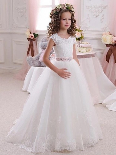 Site de Comprimento Chão Mangas Curtas Tule & Renda Marfim Vestido de Baile Vestidos para Meninas de Flores