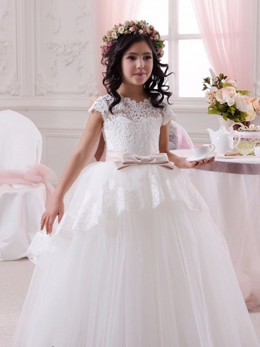 Site de Comprimento Chão Sem Mangas Tule & Renda Marfim Vestido de Baile Sem Mangas Longo Amor Vestidos para Meninas de Flores