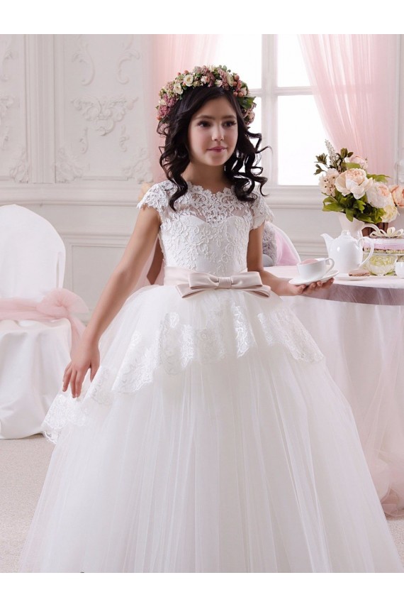 Site de Comprimento Chão Sem Mangas Tule & Renda Marfim Vestido de Baile Sem Mangas Longo Amor Vestidos para Meninas de Flores