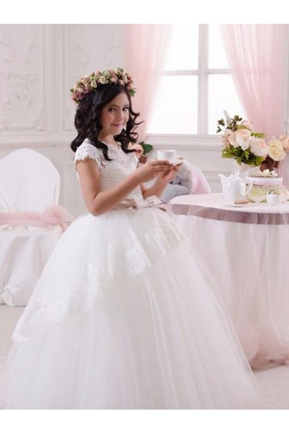 Site de Comprimento Chão Sem Mangas Tule & Renda Marfim Vestido de Baile Sem Mangas Longo Amor Vestidos para Meninas de Flores