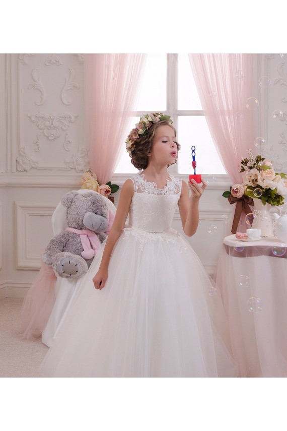 Site de Comprimento Chão Sem Mangas Tule & Renda Marfim Vestido de Baile Vestido para Meninas de Flores