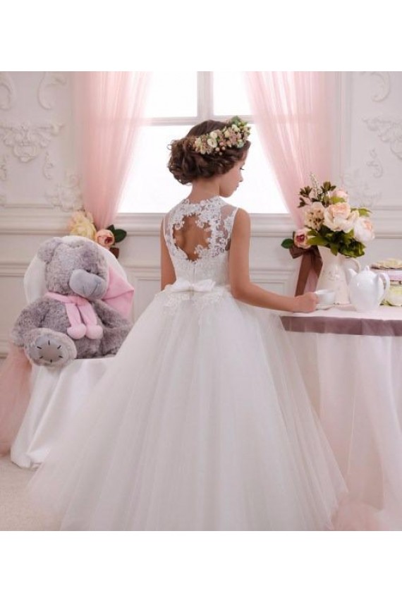 Site de Comprimento Chão Sem Mangas Tule & Renda Marfim Vestido de Baile Vestido para Meninas de Flores
