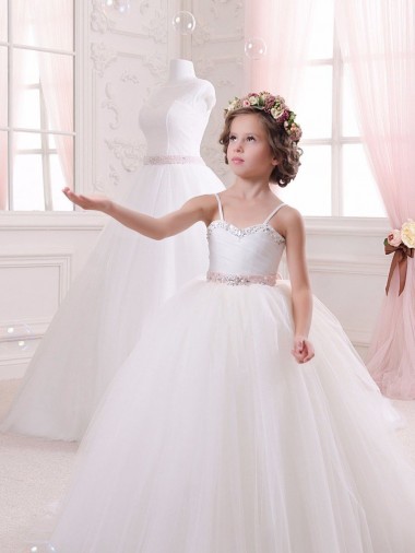 Site de Comboio Capela Sem Mangas Tule Marfim Vestido de Baile Vestidos para Meninas de Flores
