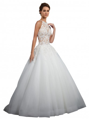 Site de Comboio Capela Sem Mangas Tule & Renda Marfim Vestido de Baile Vestidos de Noiva