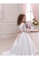 Site de Comboio Capela Mangas Compridas Cetim & Renda Marfim Vestido de Baile Vestidos para Meninas de Flores