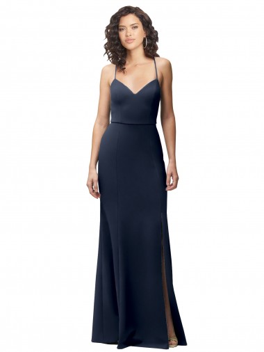 Site de Comprimento Chão Sem Mangas Crepe Esticado Marinha Negra Bainha Sem Mangas Alças finas Vestidos de Madrinha / Vestidos de Noite / Vestidos de Festa