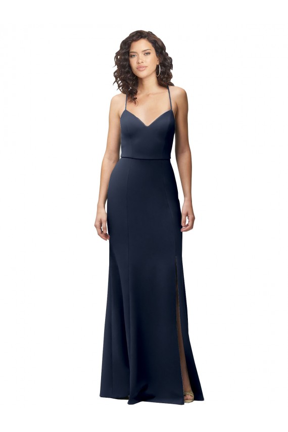 Site de Comprimento Chão Sem Mangas Crepe Esticado Marinha Negra Bainha Sem Mangas Alças finas Vestidos de Madrinha / Vestidos de Noite / Vestidos de Festa