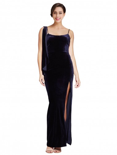 Site de Comprimento Chão Sem Mangas Veludo Elástico Marinha Negra Bainha Sem Mangas Vestidos de Madrinha / Vestidos de Noite / Vestidos de Festa