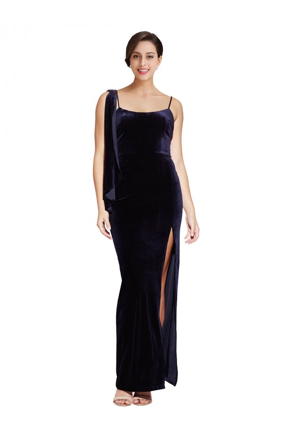Site de Comprimento Chão Sem Mangas Veludo Elástico Marinha Negra Bainha Sem Mangas Vestidos de Madrinha / Vestidos de Noite / Vestidos de Festa