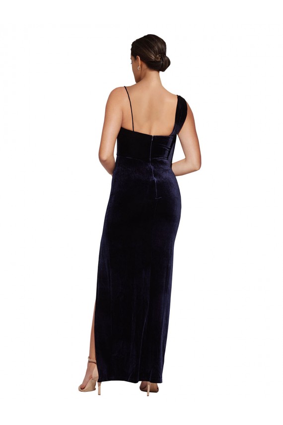 Site de Comprimento Chão Sem Mangas Veludo Elástico Marinha Negra Bainha Sem Mangas Vestidos de Madrinha / Vestidos de Noite / Vestidos de Festa