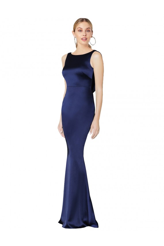 Site de Comprimento Chão Sem Mangas Cetim Elástico Marinha Negra Bainha Vestidos de Madrinha / Vestidos de Noite / Vestidos de Festa