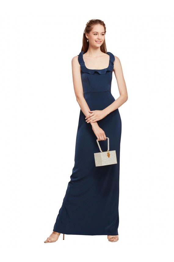 Site de Comprimento Chão Sem Mangas Crepe Esticado Marinha Negra Bainha Vestidos de Madrinha / Vestidos de Noite / Vestidos de Festa
