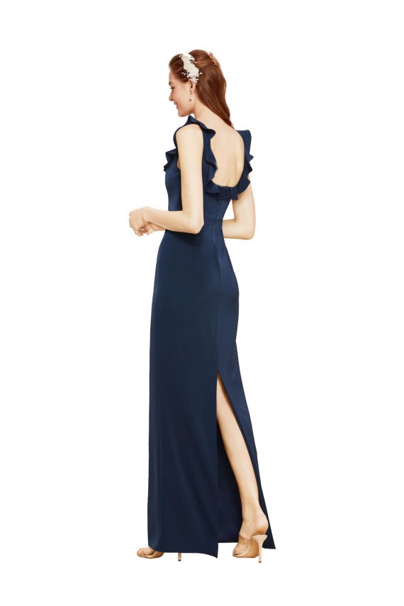 Site de Comprimento Chão Sem Mangas Crepe Esticado Marinha Negra Bainha Vestidos de Madrinha / Vestidos de Noite / Vestidos de Festa