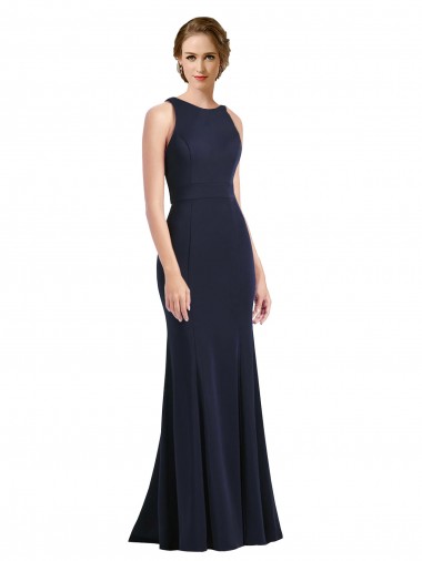 Site de Comprimento Chão Sem Mangas Crepe Esticado Marinha Negra Bainha Vestidos de Madrinha / Vestidos de Festa