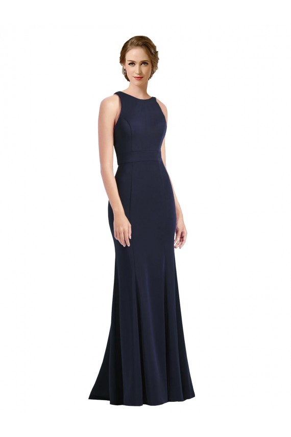 Site de Comprimento Chão Sem Mangas Crepe Esticado Marinha Negra Bainha Vestidos de Madrinha / Vestidos de Festa