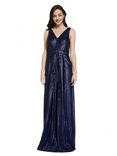 Site de Comprimento Chão Sem Mangas Lantejoulas Marinha Negra Bainha Vestidos de Madrinha / Vestidos de Noite / Vestidos de Festa