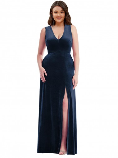 Site de Comprimento Chão Sem Mangas Veludo Elástico Marinha Negra Bainha Vestidos de Madrinha / Vestidos de Noite / Vestidos de Festa