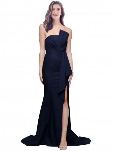 Site de Comboio Varredela Sem Mangas Crepe Esticado Marinha Negra Bainha Sem Mangas Vestidos de Madrinha / Vestidos de Festa