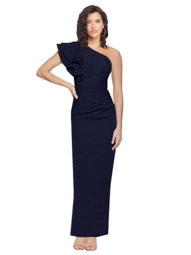 Site de Comprimento Chão Sem Mangas Crepe Esticado Marinha Negra Bainha Sem Mangas Um Ombro Vestidos de Madrinha / Vestidos de Noite / Vestidos de Festa