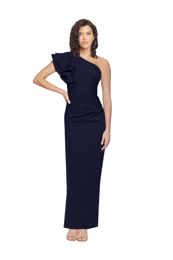 Site de Comprimento Chão Sem Mangas Crepe Esticado Marinha Negra Bainha Sem Mangas Um Ombro Vestidos de Madrinha / Vestidos de Noite / Vestidos de Festa
