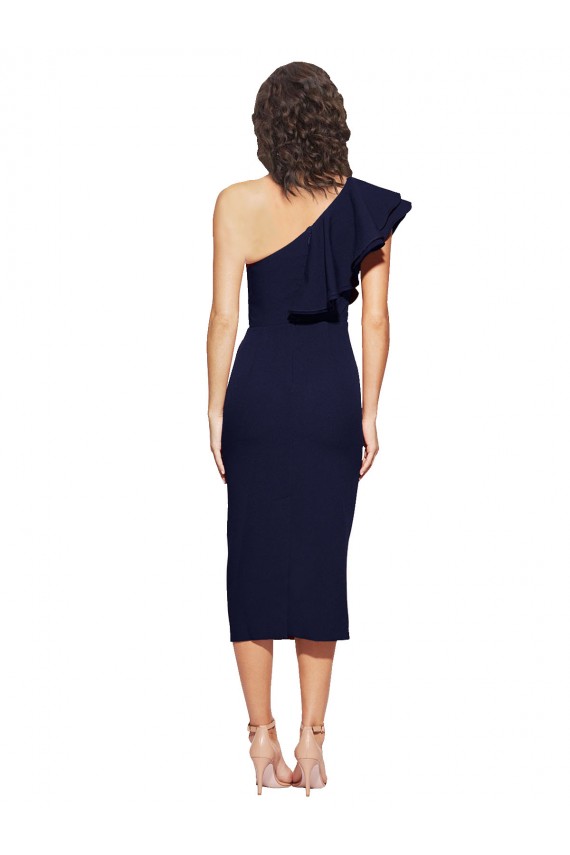 Site de Comprimento Midi Sem Mangas Crepe Esticado Marinha Negra Bainha Vestidos de Madrinha / Vestidos de Noite / Vestidos de Festa