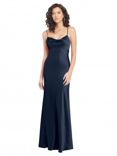 Site de Comprimento Chão Sem Mangas Cetim Elástico Marinha Negra Linha A Sem Mangas Decote Capuz Vestidos de Madrinha / Vestidos de Noite / Vestidos de Festa
