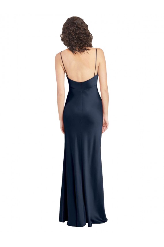 Site de Comprimento Chão Sem Mangas Cetim Elástico Marinha Negra Linha A Sem Mangas Decote Capuz Vestidos de Madrinha / Vestidos de Noite / Vestidos de Festa