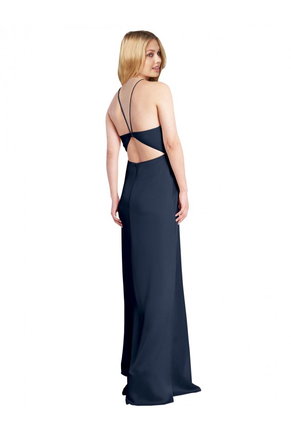 Site de Comprimento Chão Sem Mangas Cetim Elástico Marinha Negra Linha A Sem Mangas Cabeçada Vestidos de Madrinha / Vestidos de Noite / Vestidos de Festa