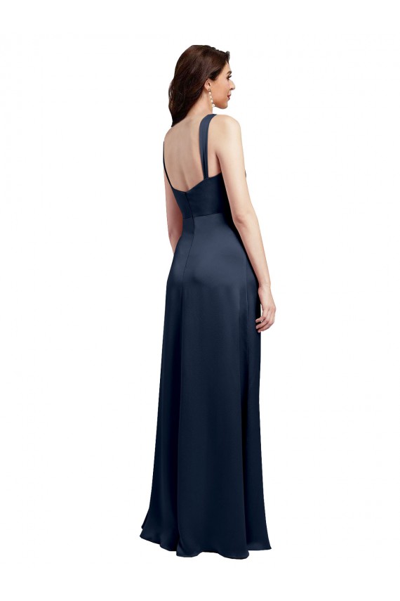 Site de Comprimento Chão Sem Mangas Cetim Elástico Marinha Negra Linha A Vestidos de Madrinha / Vestidos de Noite / Vestidos de Festa