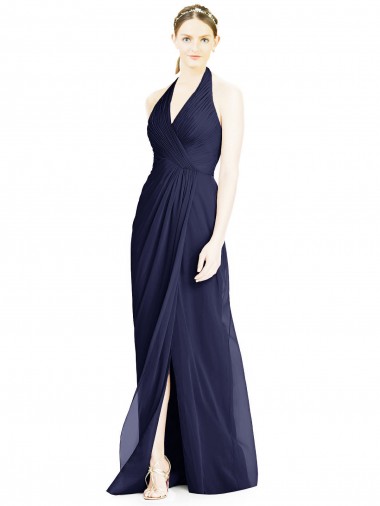 Site de Comprimento Chão Sem Mangas Chiffon Marinha Negra Linha A Vestido de Festa / Vestido de Madrinha