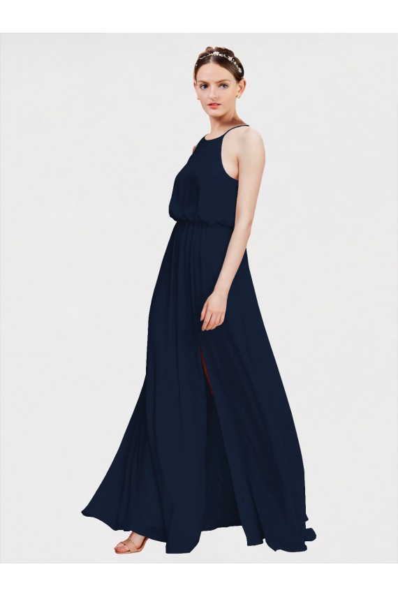 Site de Comprimento Chão Sem Mangas Chiffon Marinha Negra Linha A Vestidos de Madrinha Formais