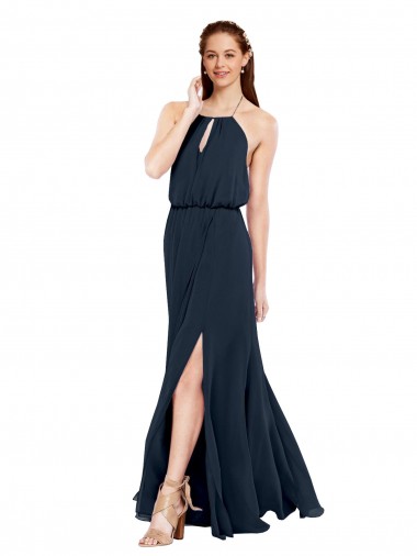 Site de Comprimento Chão Sem Mangas Chiffon Marinha Negra Linha A Vestido de Festa / Vestidos de Noiva