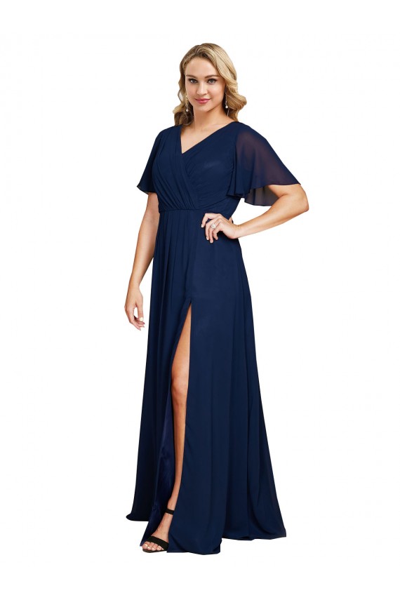 Site de Comprimento Chão Mangas Esvoaçantes, Mangas Curtas Chiffon Marinha Negra Linha A Vestidos de Madrinha / Vestidos de Noite / Vestidos de Festa