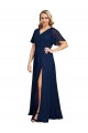 Site de Comprimento Chão Mangas Esvoaçantes, Mangas Curtas Chiffon Marinha Negra Linha A Vestidos de Madrinha / Vestidos de Noite / Vestidos de Festa