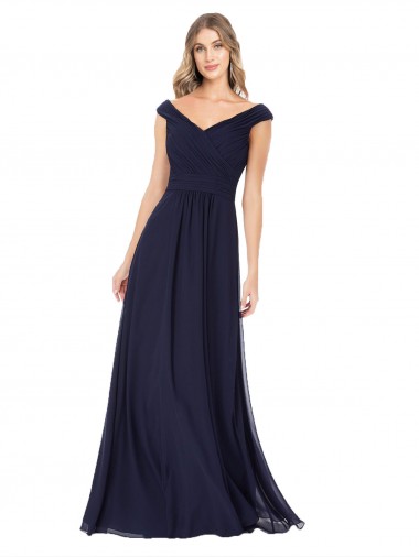 Site de Comprimento Chão Sem Mangas Chiffon Marinha Negra Linha A Sem Mangas Fora do Ombro Vestidos de Madrinha