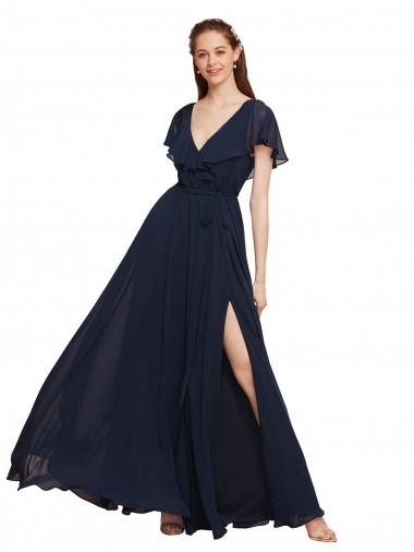Site de Comprimento Chão Mangas Curtas Chiffon Marinha Negra Linha A Vestidos de Madrinha