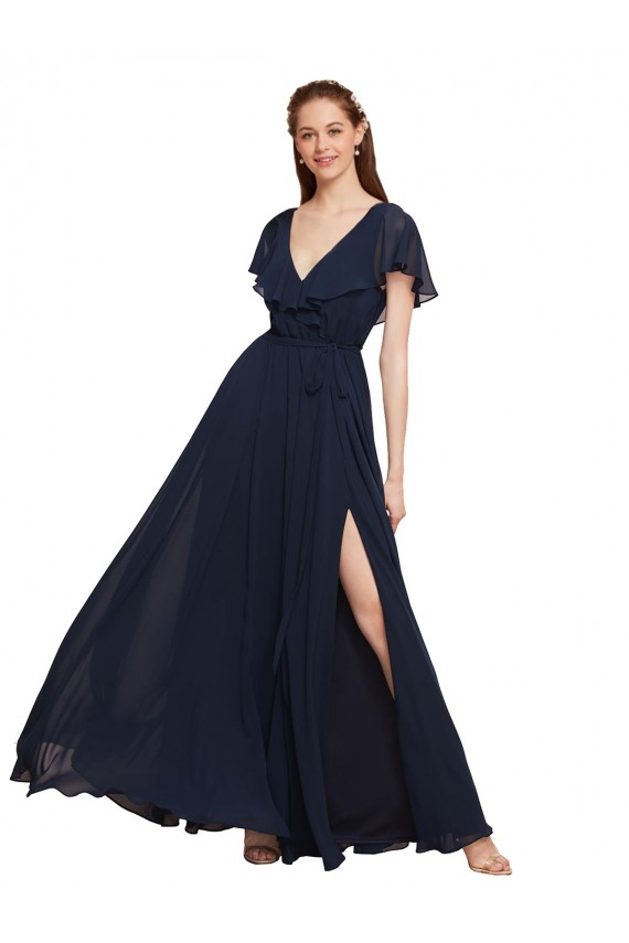Site de Comprimento Chão Mangas Curtas Chiffon Marinha Negra Linha A Vestidos de Madrinha