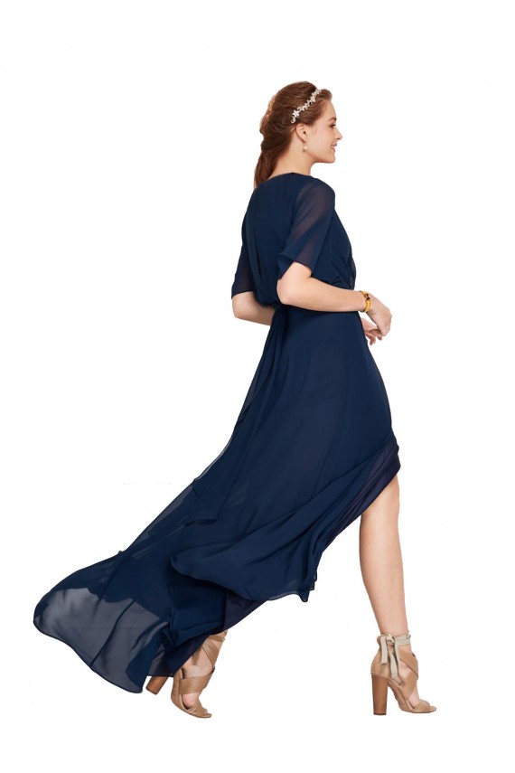 Site de Comprimento Chão Mangas Esvoaçantes Chiffon Marinha Negra Linha A Vestidos de Madrinha